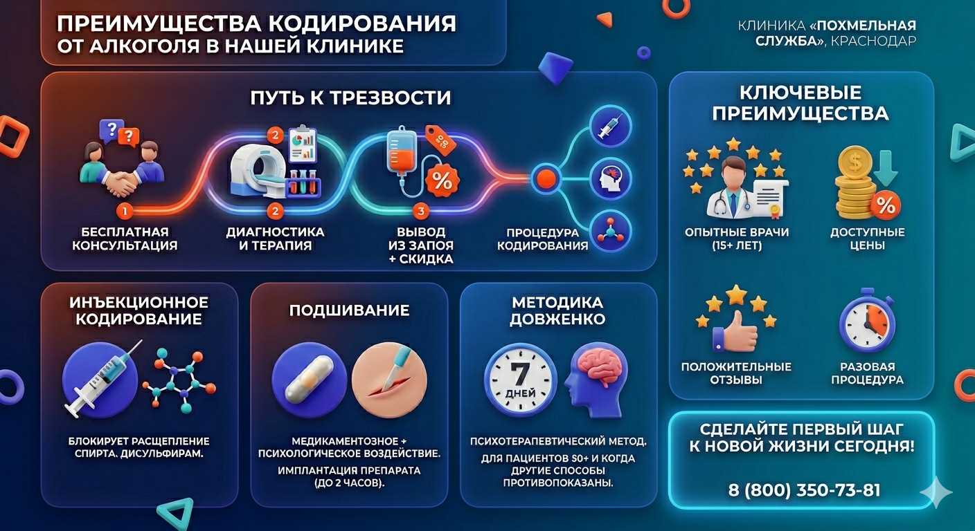 Инфографика о методах кодирования от алкоголя в Приволжске: инъекции, подшивание, метод Довженко. Преимущества клиники и этапы лечения.